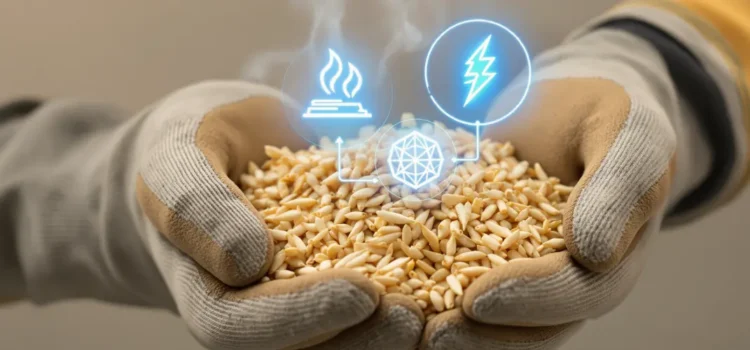 Biomass fuel with steam and power icons, symbolizing efficient combined heat and power (CHP) energy solutions.