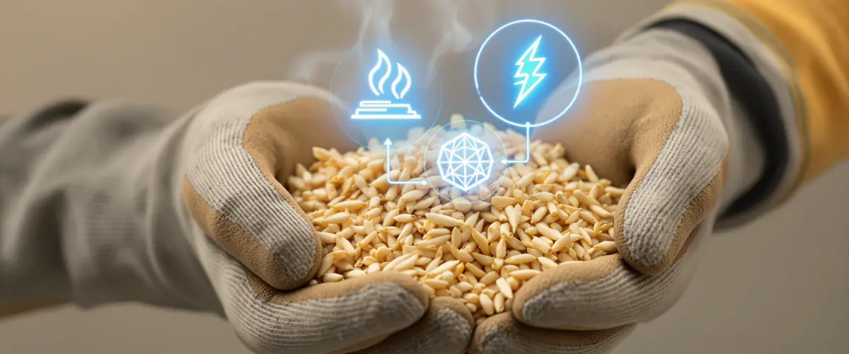 Biomass fuel with steam and power icons, symbolizing efficient combined heat and power (CHP) energy solutions.