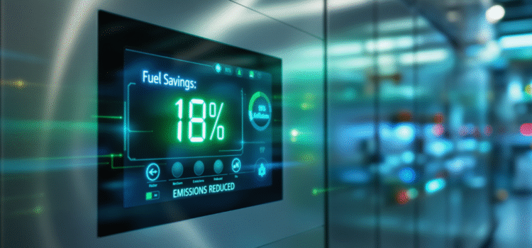 Digital display showing 18% fuel savings and reduced emissions from energy-efficient heating systems in a modern industrial setting