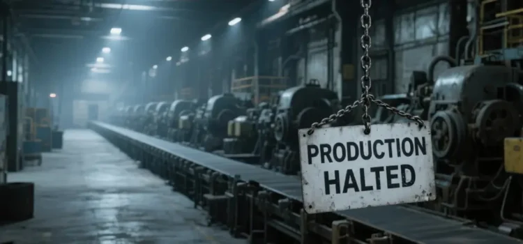 Industrial factory floor with machinery and a sign reading "Production Halted" hanging in the foreground, illustrating downtime.