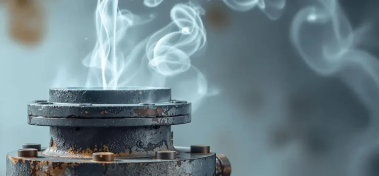 Close-up of an industrial valve releasing clean steam, showing weathered metal and swirling vapor, representing waste heat recovery.