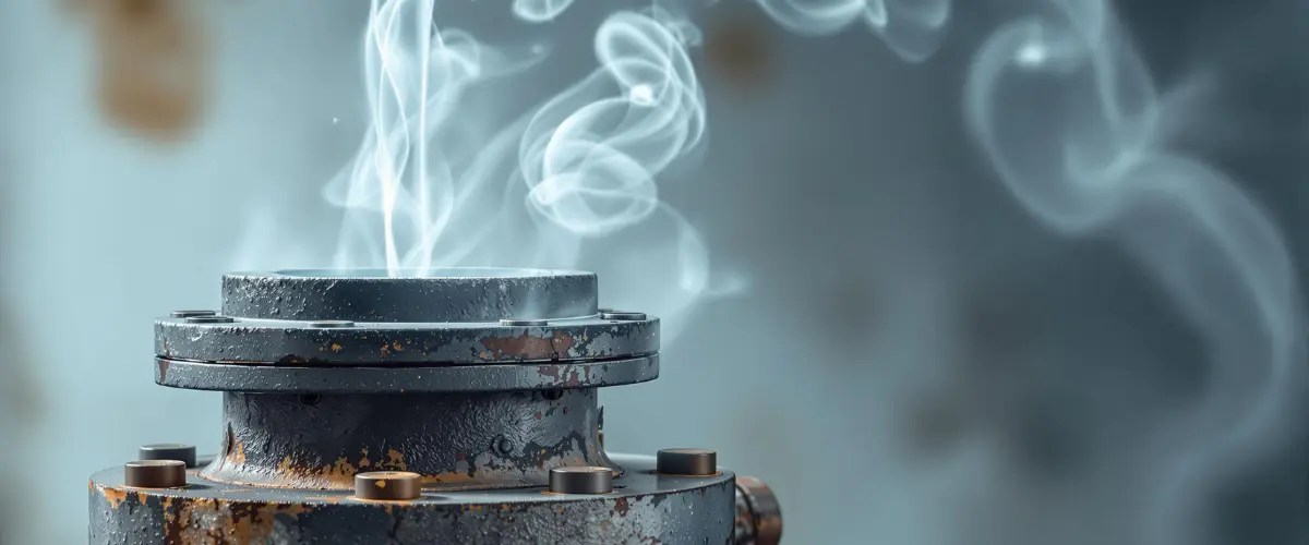 Close-up of an industrial valve releasing clean steam, showing weathered metal and swirling vapor, representing waste heat recovery.