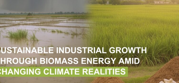 Flooded agricultural field and green farmland symbolizing climate change impacts and biomass energy solutions for sustainable industrial growth