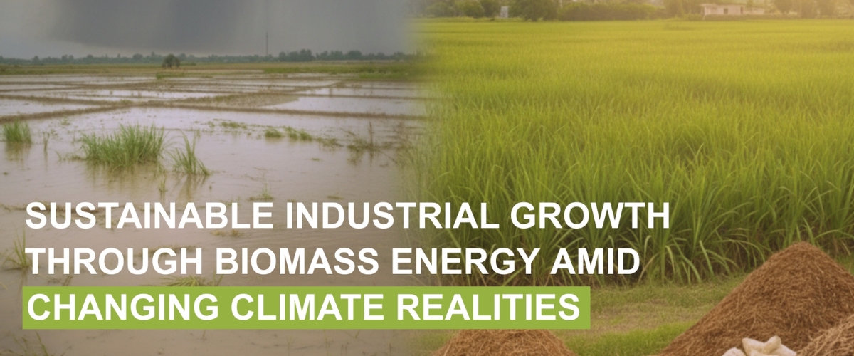 Flooded agricultural field and green farmland symbolizing climate change impacts and biomass energy solutions for sustainable industrial growth
