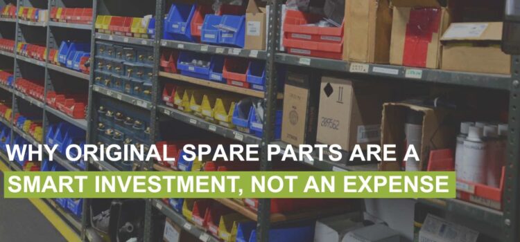 Why Original Spare Parts Are a Smart Investment, Not an Expense Industrial storage shelves filled with organized OEM spare parts bins and boxes, illustrating genuine parts availability for reliable maintenance.