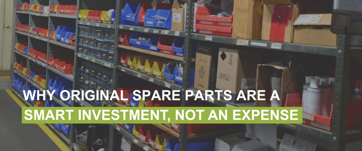 Industrial storage shelves filled with organized OEM spare parts bins and boxes, illustrating genuine parts availability for reliable maintenance.