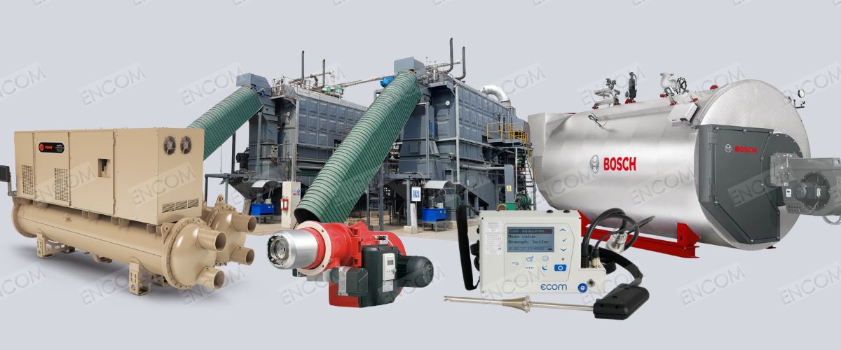 Encom Pakistan products portfolio-industrial boiler by Bosch, biomass system, Weishaupt burner, ECOM flue gas analyzer, and HVAC chiller
