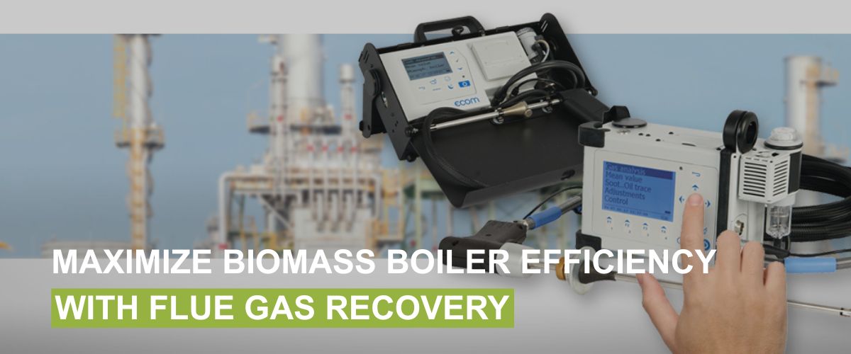 Biomass boiler site with ECOM flue gas analyzer measuring stack gases to maximize biomass boiler efficiency via flue gas recovery