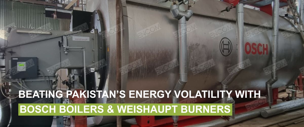 Bosch industrial steam boiler with Weishaupt dual-fuel burner installed at an Encom Pakistan client facility