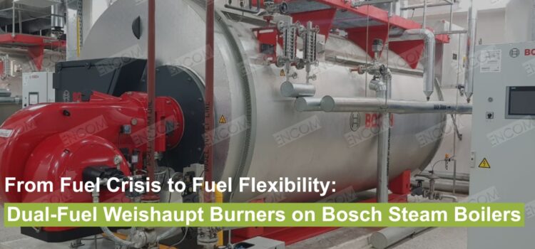 Industrial Bosch steam boiler with a red Weishaupt dual-fuel burner in a Pakistani plant, showcasing fuel flexibility solutions.