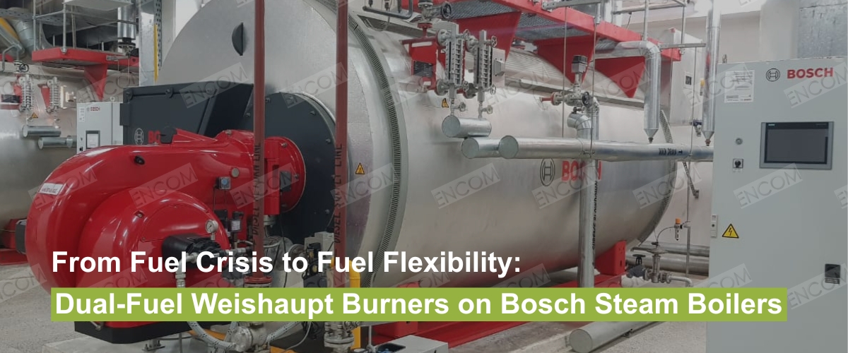 Industrial Bosch steam boiler with a red Weishaupt dual-fuel burner in a Pakistani plant, showcasing fuel flexibility solutions.