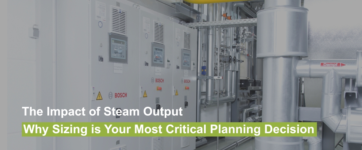 Industrial boiler control panel with Bosch systems and steam output piping for industrial heating plants.