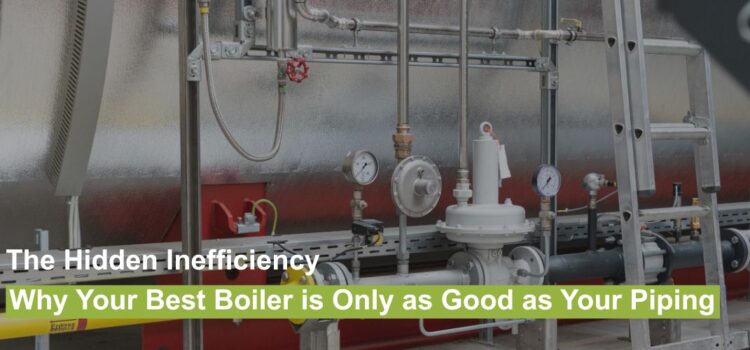 Industrial steam boiler piping installation showing gauges and valves for a Bosch boiler system in a plant.
