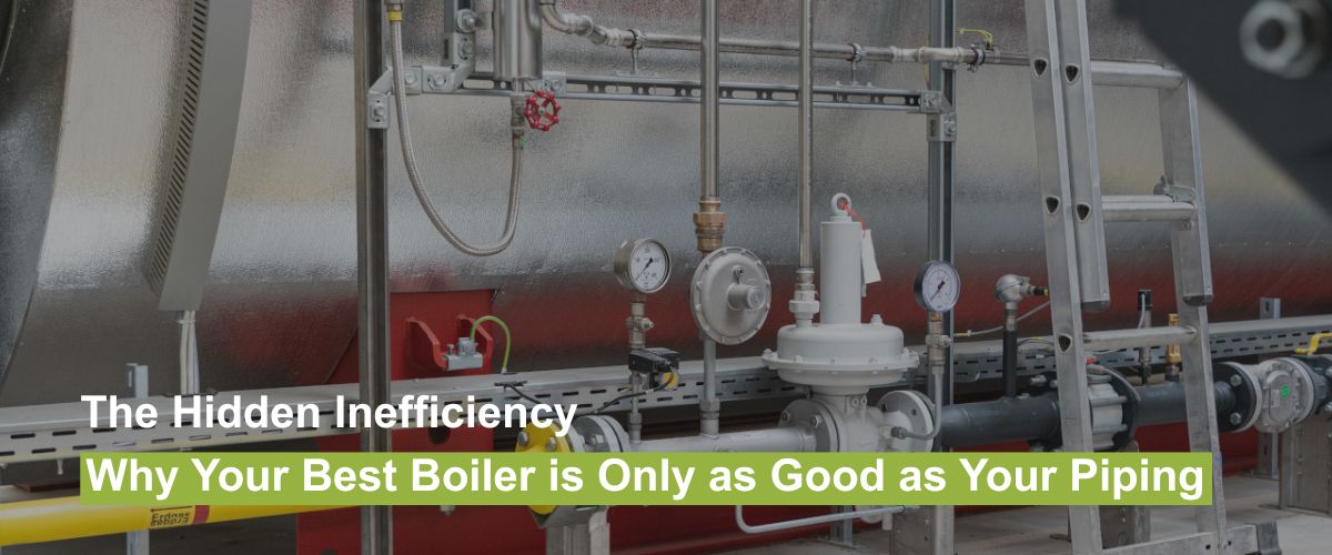 Industrial steam boiler piping installation showing gauges and valves for a Bosch boiler system in a plant.