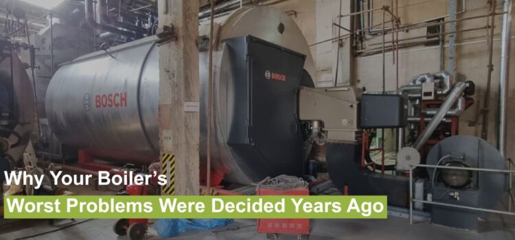 Bosch industrial steam boiler system during the final stages of installation in a plant, featuring a large cylindrical shell and integrated burner components.