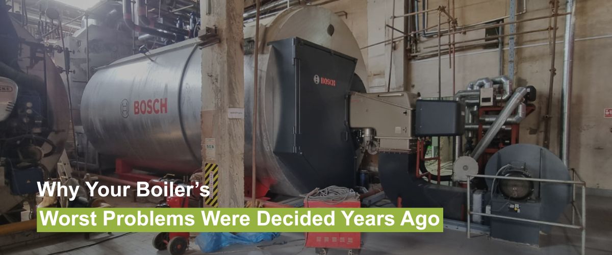 Bosch industrial steam boiler system during the final stages of installation in a plant, featuring a large cylindrical shell and integrated burner components.