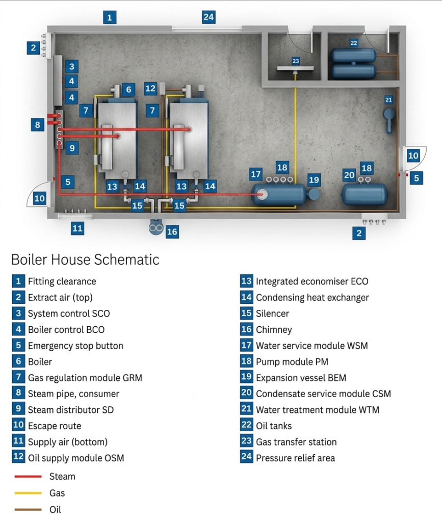 This is what a properly planned boiler house actually looks like when you map all critical components together.