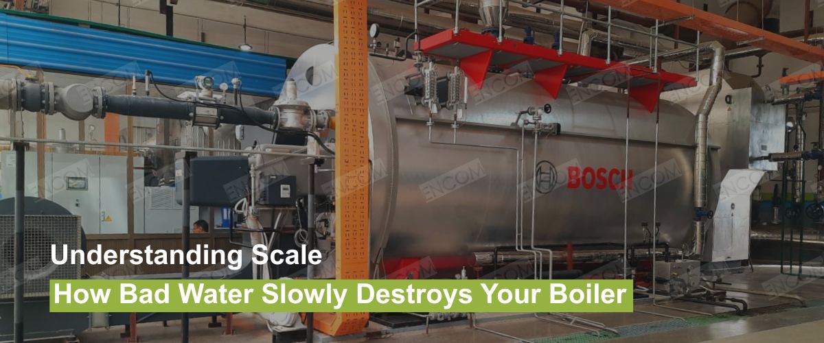 Industrial Bosch boiler plant installed by Encom Pakistan showing a clean and well-maintained system to prevent boiler scale from hard water.