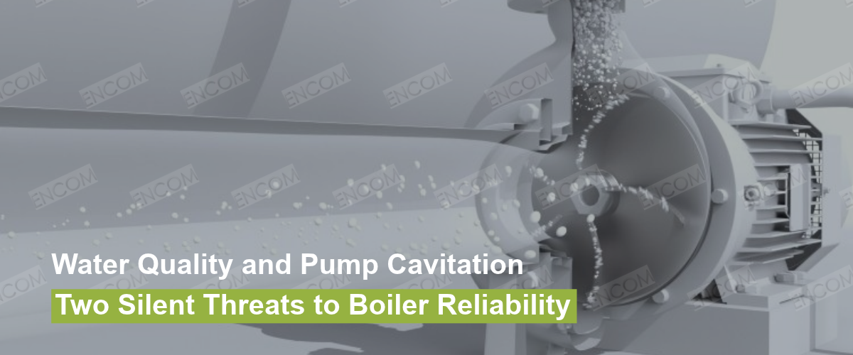 Industrial pump with water droplets, illustrating water quality and cavitation risks to boiler reliability